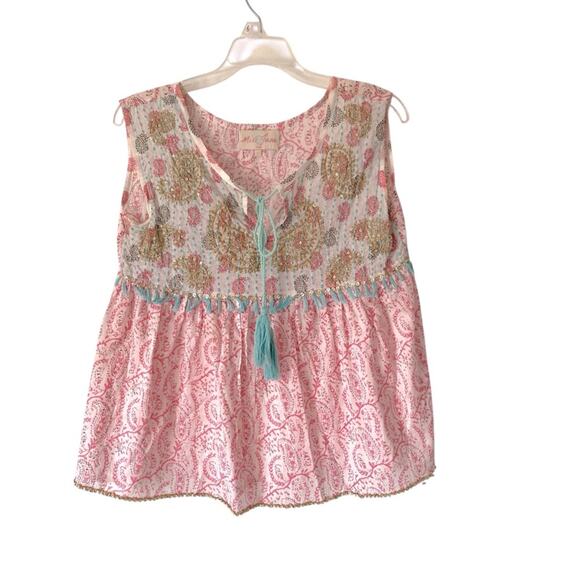 Miss June Paris Bohemian Pink Embroidered Sequin Tassel Blouse size small - Picture 1 of 8